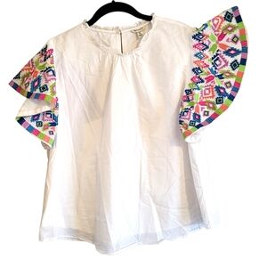 Versona White Cotton Boho Heavy Embroidered Ruffle Sleeves Shirt Top Wmn XL